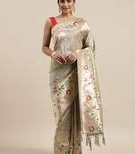 Grey woven Banarasi silk blend saree with blouse