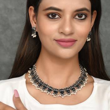 Oxidised Silver Plated Geometric design Black Stones Necklace Set 1
