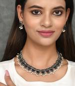 Oxidised Silver Plated Geometric design Black Stones Necklace Set