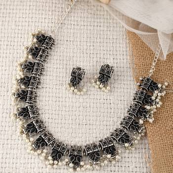 Oxidised Silver Plated Geometric design Black Stones Necklace Set 2