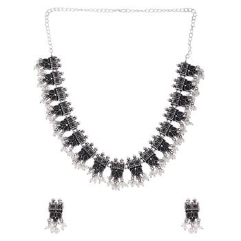 Oxidised Silver Plated Geometric design Black Stones Necklace Set 4