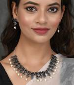 Oxidised Silver Toned Floral Black Necklace Set