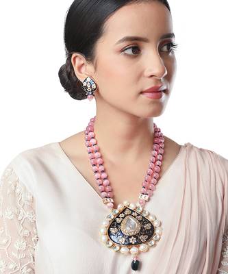Blush pink brass Necklace Set with Earrings 1