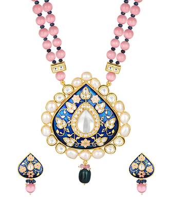 Blush pink brass Necklace Set with Earrings 4