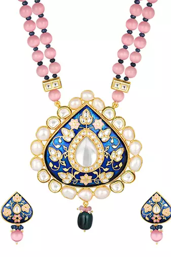 Blush pink brass Necklace Set with Earrings