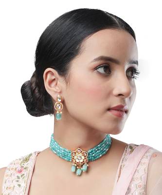 Multicolor  Brass kundan polki Necklace Set with Earrings 1