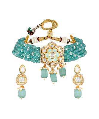 Multicolor  Brass kundan polki Necklace Set with Earrings 2