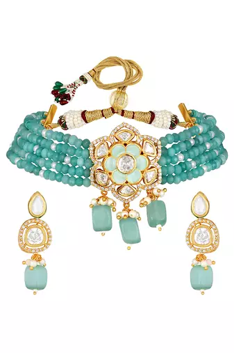 Multicolor  Brass kundan polki Necklace Set with Earrings
