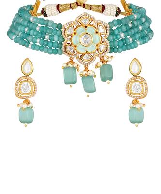 Multicolor  Brass kundan polki Necklace Set with Earrings 5
