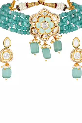 Multicolor  Brass kundan polki Necklace Set with Earrings