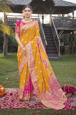 Banarasi silk blend Zari Woven Mustard and Pink Saree with Blouse 1