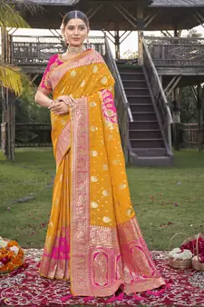 Banarasi silk blend Zari Woven Mustard and Pink Saree with Blouse