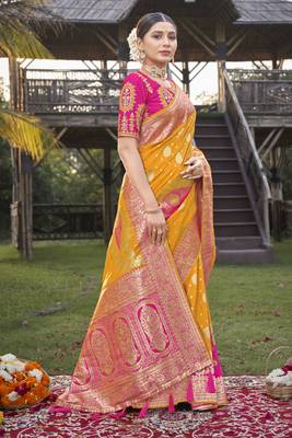 Banarasi silk blend Zari Woven Mustard and Pink Saree with Blouse 3