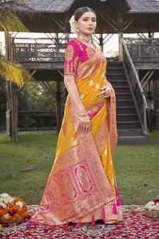 Banarasi silk blend Zari Woven Mustard and Pink Saree with Blouse