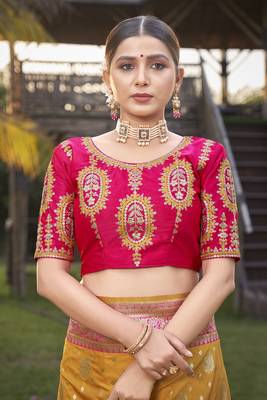 Banarasi silk blend Zari Woven Mustard and Pink Saree with Blouse 4