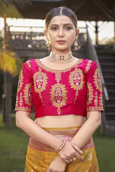Banarasi silk blend Zari Woven Mustard and Pink Saree with Blouse