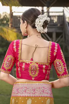 Banarasi silk blend Zari Woven Mustard and Pink Saree with Blouse