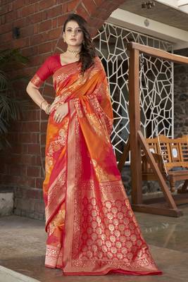 Orange woven banarasi saree with blouse 1