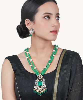 Golden oxidised green kundan polki Necklace Set with Earrings 1