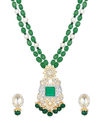 Golden oxidised green kundan polki Necklace Set with Earrings 5