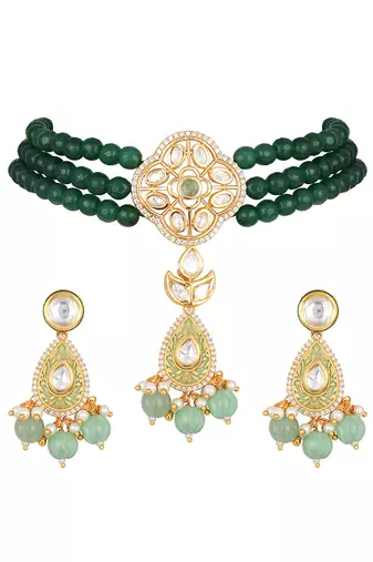 Multicolor brass kundan polki Necklace Set with Earrings