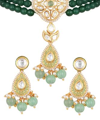 Multicolor brass kundan polki Necklace Set with Earrings 5