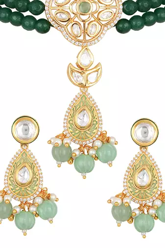 Multicolor brass kundan polki Necklace Set with Earrings