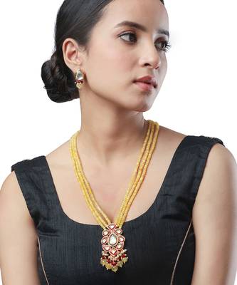 Golden yellow kundan polki Necklace Set with Earrings 1