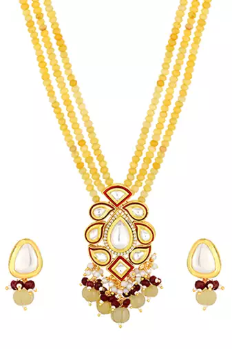 Golden yellow kundan polki Necklace Set with Earrings