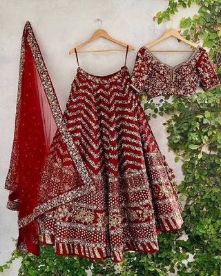  Maroon Zari Thread And Sequins Embroidered Silk Indian Wedding Lehenga Dress 8