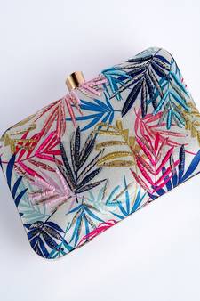 WHITE WITH  MULTI COLOR EMBROIDERY WOMEN SILK SATIN FABRIC HAND CLUTCH CUM SLING BAG