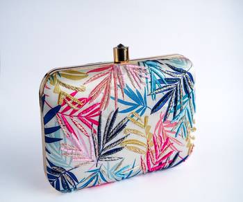 WHITE WITH  MULTI COLOR EMBROIDERY WOMEN SILK SATIN FABRIC HAND CLUTCH CUM SLING BAG 2