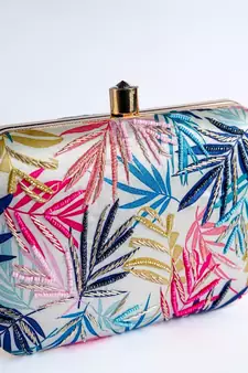WHITE WITH  MULTI COLOR EMBROIDERY WOMEN SILK SATIN FABRIC HAND CLUTCH CUM SLING BAG