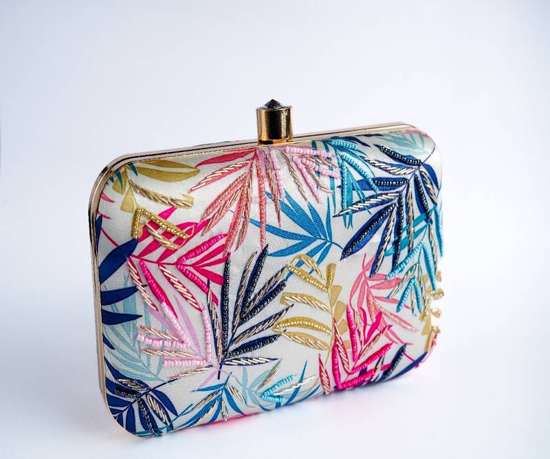 WHITE WITH  MULTI COLOR EMBROIDERY WOMEN SILK SATIN FABRIC HAND CLUTCH CUM SLING BAG