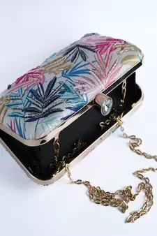 WHITE WITH  MULTI COLOR EMBROIDERY WOMEN SILK SATIN FABRIC HAND CLUTCH CUM SLING BAG
