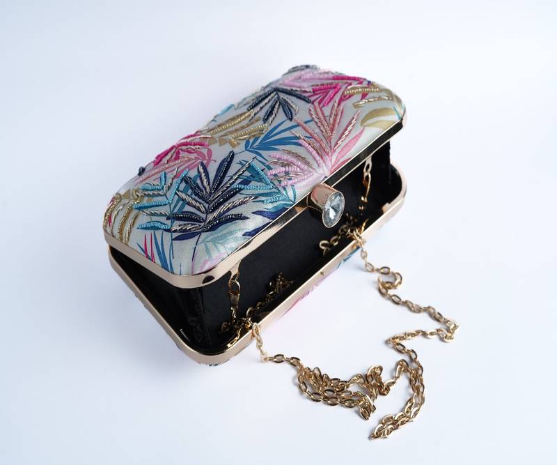 WHITE WITH  MULTI COLOR EMBROIDERY WOMEN SILK SATIN FABRIC HAND CLUTCH CUM SLING BAG