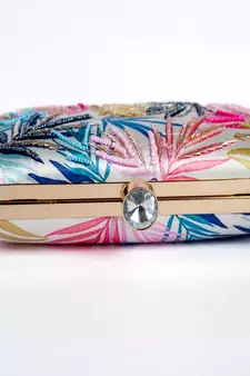 WHITE WITH  MULTI COLOR EMBROIDERY WOMEN SILK SATIN FABRIC HAND CLUTCH CUM SLING BAG