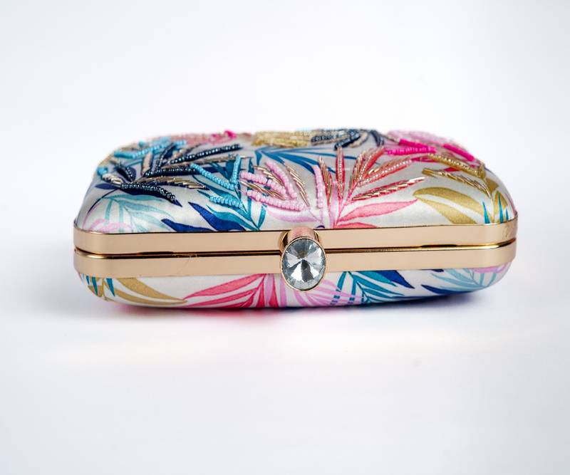 WHITE WITH  MULTI COLOR EMBROIDERY WOMEN SILK SATIN FABRIC HAND CLUTCH CUM SLING BAG