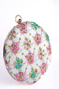 WHITE WITH MULTI COLOR WOMEN HANDLOOM ROUND FABRIC HAND CLUTCH CUM SLING BAG