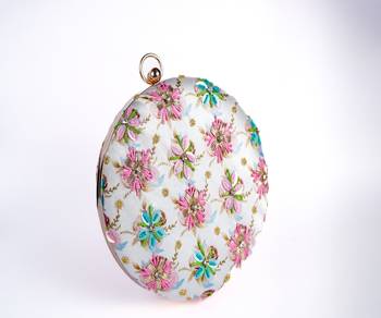 WHITE WITH MULTI COLOR WOMEN HANDLOOM ROUND FABRIC HAND CLUTCH CUM SLING BAG 1
