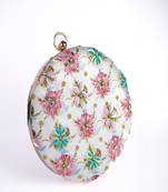 WHITE WITH MULTI COLOR WOMEN HANDLOOM ROUND FABRIC HAND CLUTCH CUM SLING BAG
