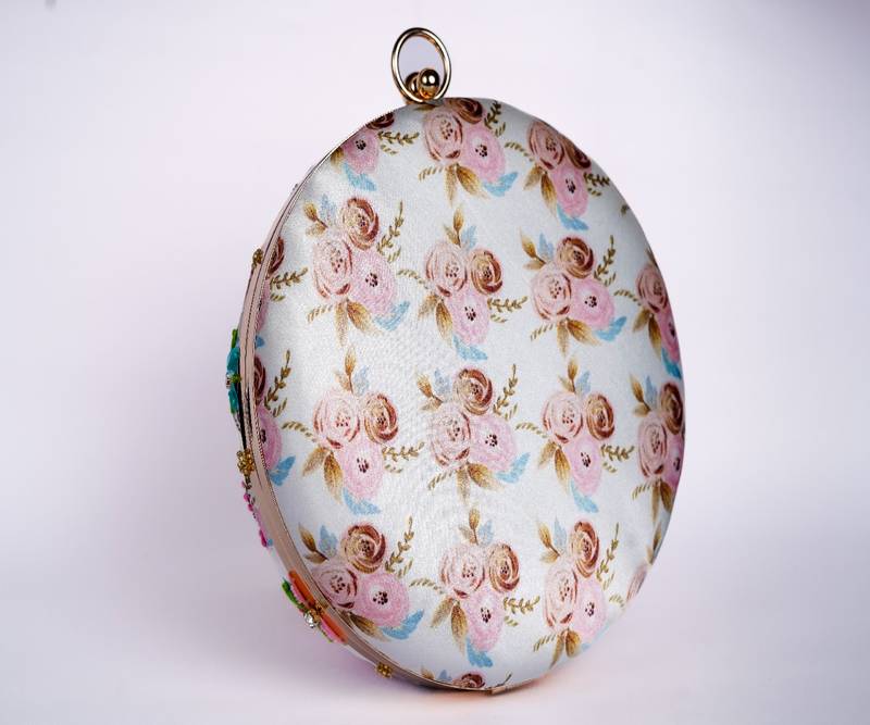 WHITE WITH MULTI COLOR WOMEN HANDLOOM ROUND FABRIC HAND CLUTCH CUM SLING BAG