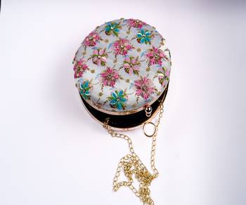 WHITE WITH MULTI COLOR WOMEN HANDLOOM ROUND FABRIC HAND CLUTCH CUM SLING BAG 3