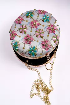 WHITE WITH MULTI COLOR WOMEN HANDLOOM ROUND FABRIC HAND CLUTCH CUM SLING BAG