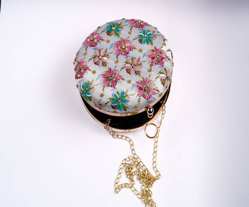 WHITE WITH MULTI COLOR WOMEN HANDLOOM ROUND FABRIC HAND CLUTCH CUM SLING BAG