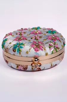 WHITE WITH MULTI COLOR WOMEN HANDLOOM ROUND FABRIC HAND CLUTCH CUM SLING BAG