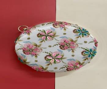 WHITE WITH MULTI COLOR WOMEN HANDLOOM ROUND FABRIC HAND CLUTCH CUM SLING BAG 5