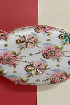 WHITE WITH MULTI COLOR WOMEN HANDLOOM ROUND FABRIC HAND CLUTCH CUM SLING BAG