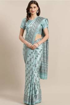 Blue Japan satin print work saree with blouse