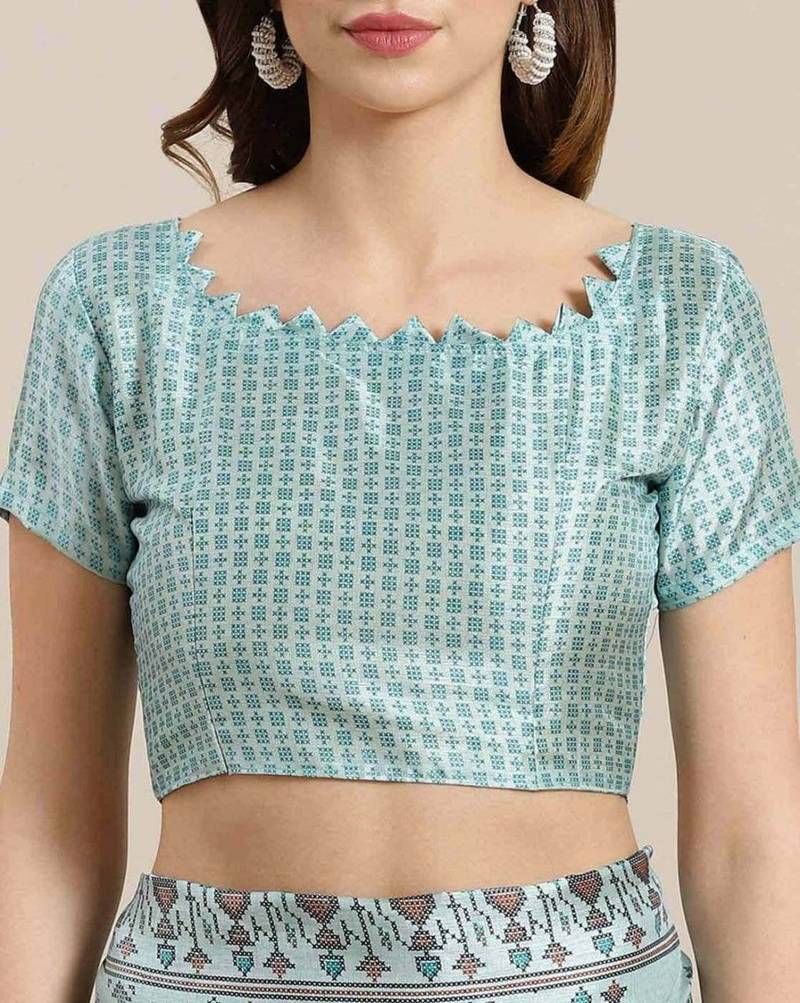 Blue Japan satin print work saree with blouse